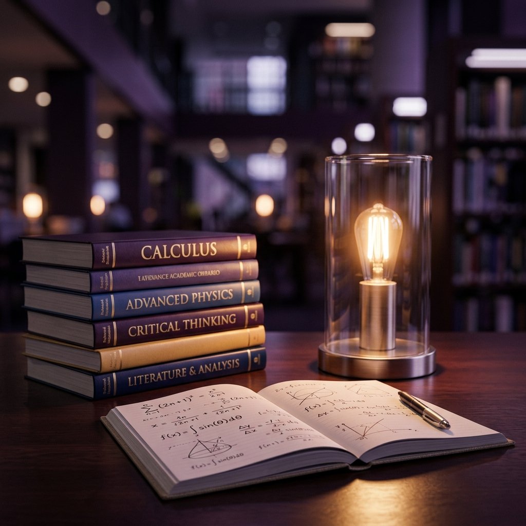 Stack of academic textbooks and a glowing study lamp on a wooden desk representing study habits research