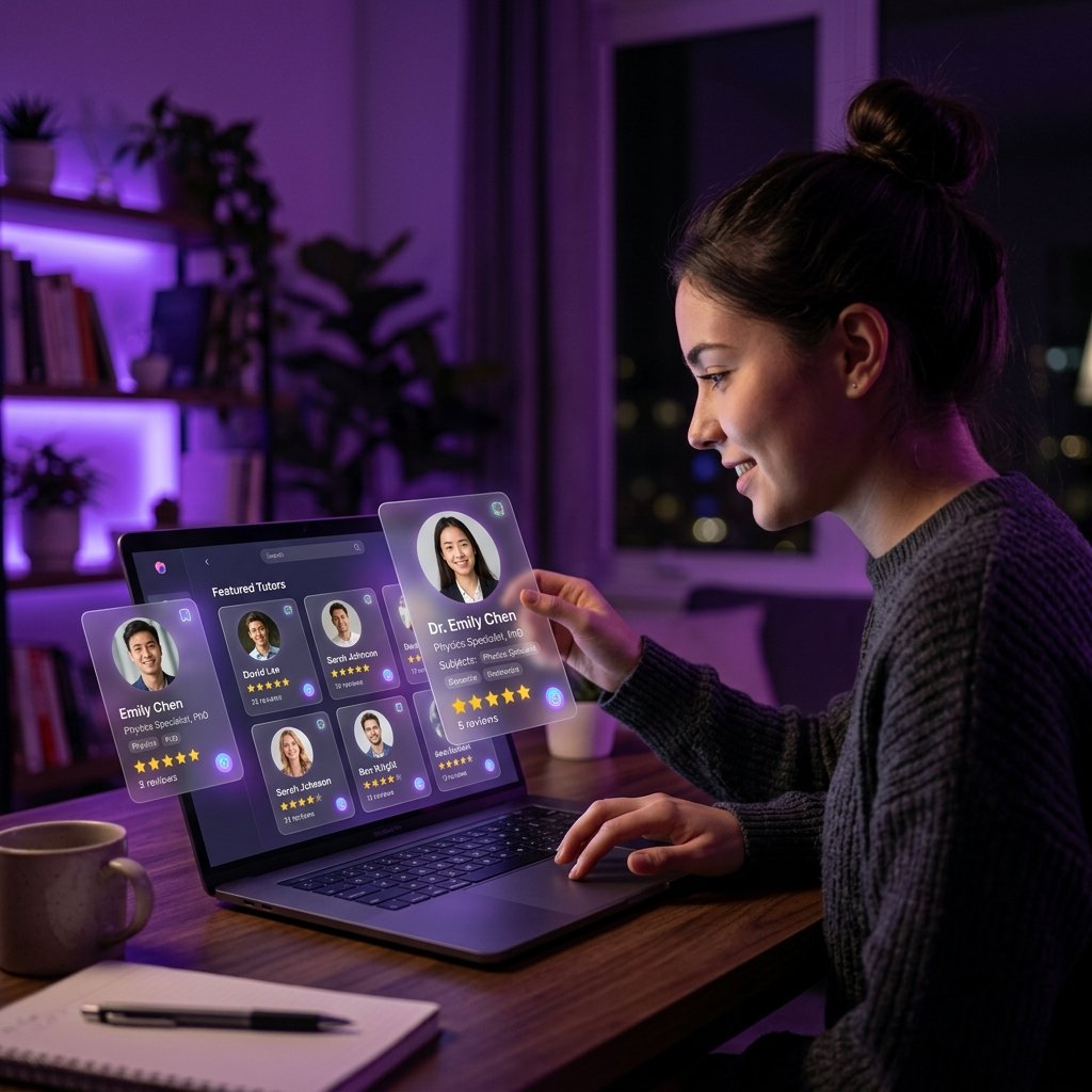 Student using The Professor Girl platform on laptop to browse and book tutors, showing AI matching and scheduling interface