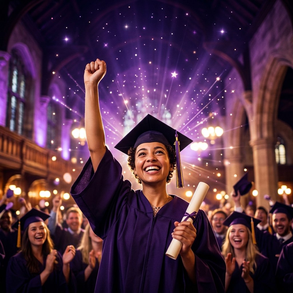 Triumphant student in graduation gown raising fist in celebration inside a university hall