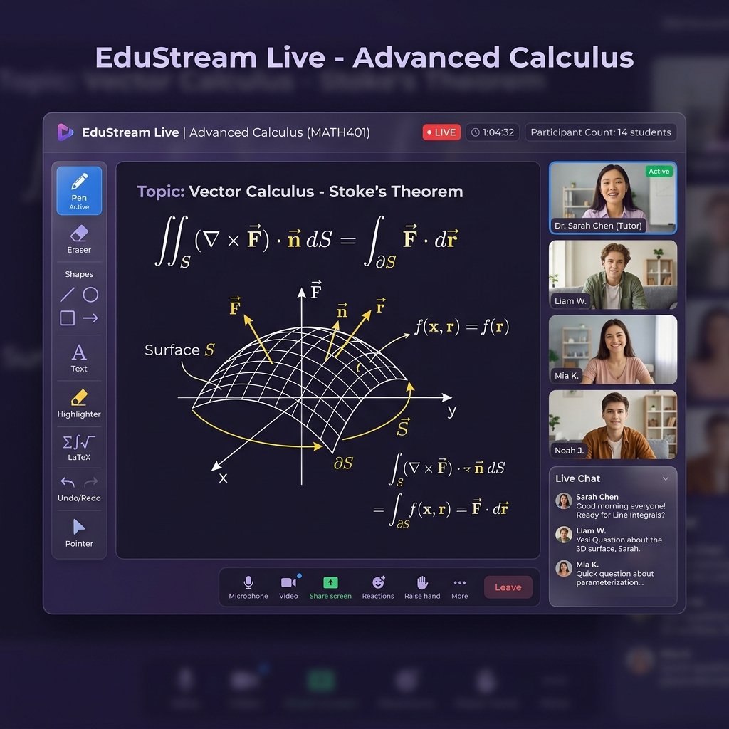 Screenshot of The Professor Girl live tutoring classroom interface showing an advanced calculus session with interactive whiteboard, LaTeX equations, and multiple student video feeds